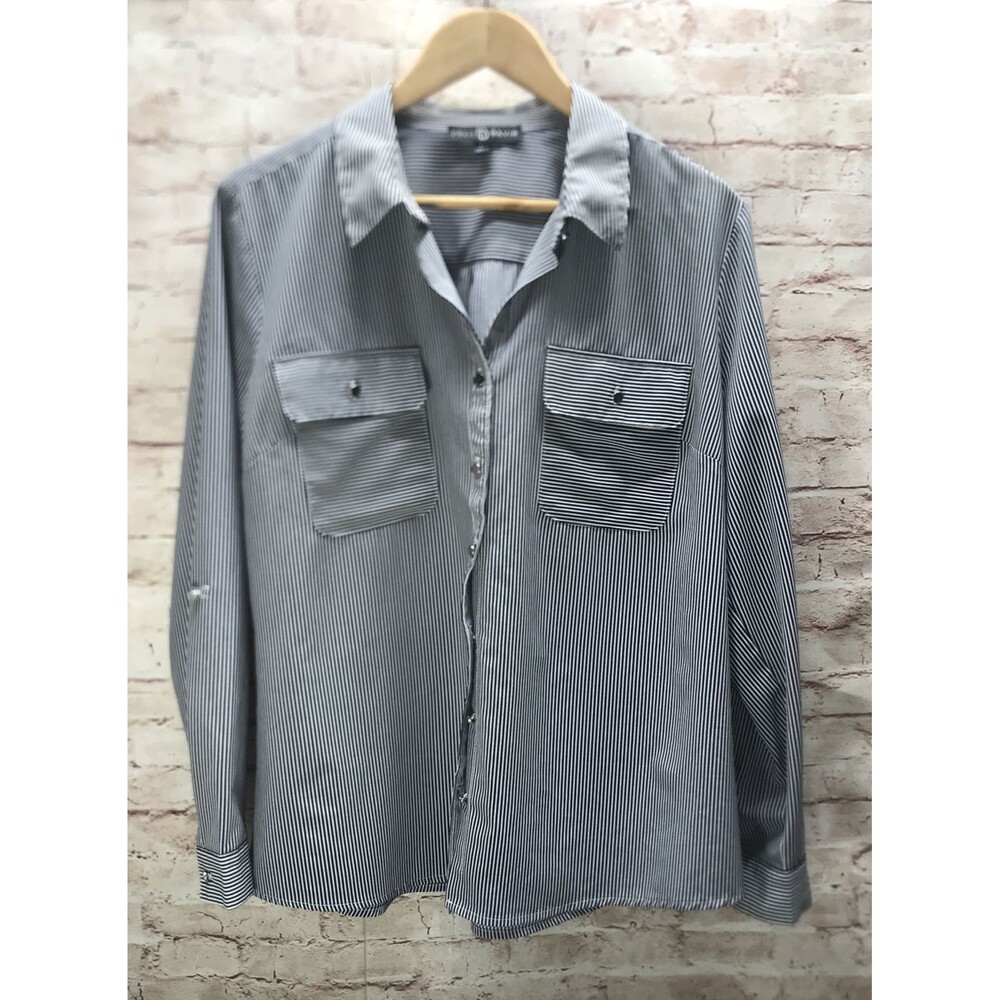 Fred David Womens Blouse Size L Roll Tab Long Sleeve Stripe Button Down